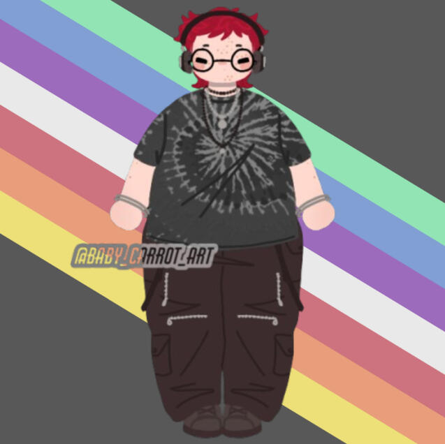 A picrew image of a plus-size person with messy red hair and headphones. They are wearing a black-grey tie-dye shirt, black cargo pants, and some jewellery. Behind them is the disabled queer flag created by tumblr user jasper-coins.