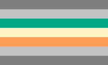 A flag with 7 equal horizontal stripes. From top to bottom, the colours go; grey, light grey, jade green, light yellow, pale orange, light grey, and grey.