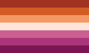 A flag with seven stripes. In order of top to bottom, the colours are: dark orange, orange, pastel orange, cream, light dull magenta, magenta, and dark magenta.