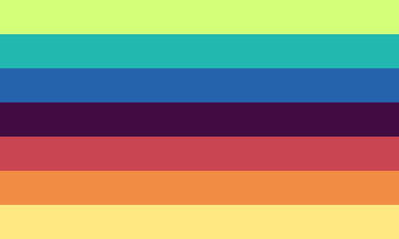 A flag with 7 equal horizontal stripes. From top to bottom, the colours go; light green, teal, blue, dark purple, red, orange, and light yellow.