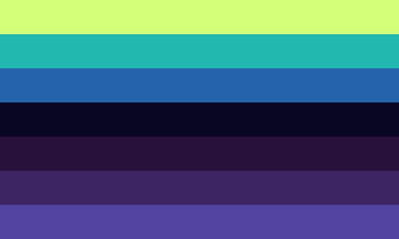 Omni-corvian A flag with 7 equal horizontal stripes. From top to bottom, the colours go; light green, teal, blue, very dark blue, dark purple, blueish medium purple, and blue-purple.