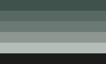 A rectangular with 6 equal horizontal stripes. The top 5 stripes are a gradient from dark grey-turqoise to light grey-turqoise, with the bottom stripe being a very dark grey.