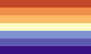 A rectangular flag with 7 stripes coloured as such from top to bottom: dark orange, dull orange, light orange, off-white yellow, light blue, dull blue, dark blue.