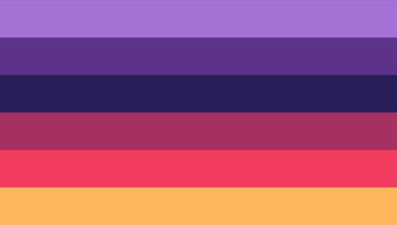 A flag with 6 equal horizontal stripes. From top to bottom, the colours go; light purple, purple, dark purple, reddish-purple, red, yellow-orange.