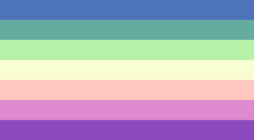 A flag with 7 horizontal stripes. In order of top to bottom, the colours go: dark blue, dull green, light green, almost white yellow, light pastel pink, puplish pink, purple.