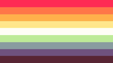 A flag with 9 equal horizontal stripes. From top to bottom the colors are: red-pink, orange, golden yellow, pale yellow, white, mint grey, medium grey-turquoise, medium grey-blue, and medium grey-pink/purple.