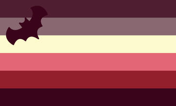 Queer Vampire A rectangular flag with 6 equal-sized horizontal lines. Colours in order from top to bottom are: dark dull red-pink, grey, light yellow, light red, red, and dark red. in the top left of the flag is a dark red bat symbol.